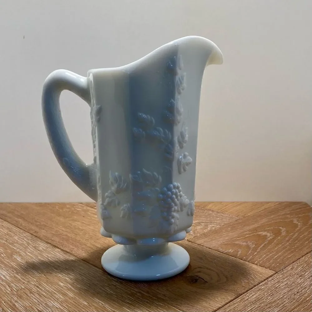 Vintage Pedestal Milk Glass Handled Pitcher 9” Tall Grapes & Leaves